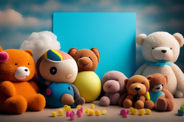 A group of stuffed animals are lined up in front of a blue background.