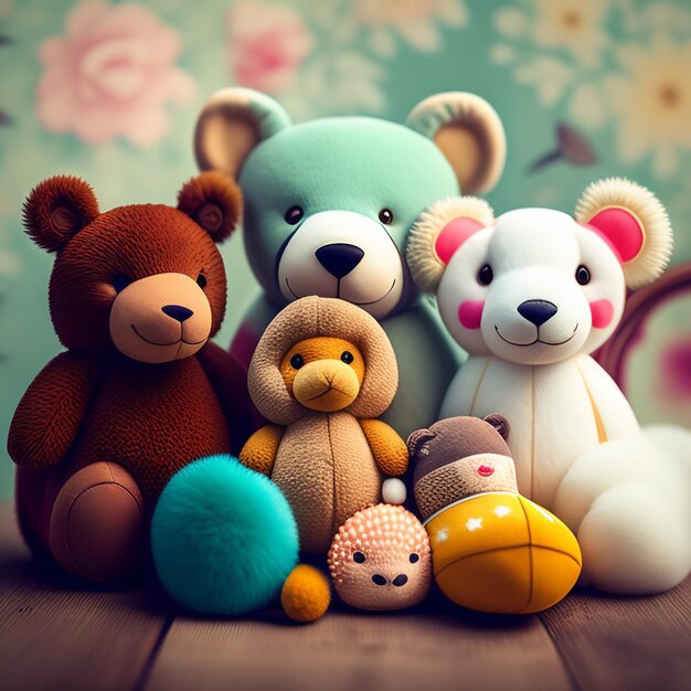 A group of stuffed animals are sitting on a table.