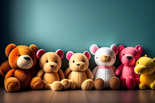 A group of stuffed animals sit on a floor.