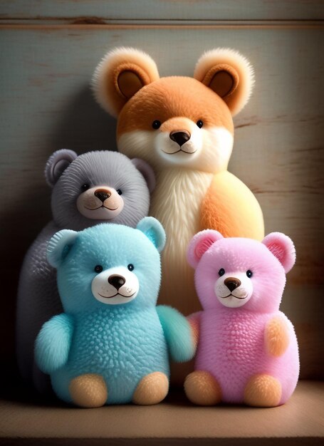 A group of stuffed animals with one that says bear on the front