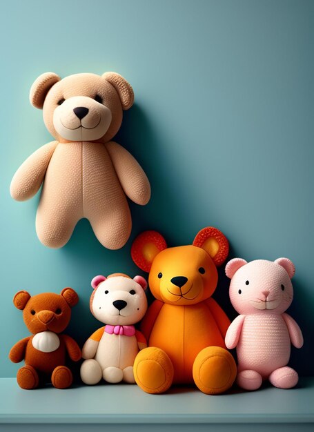 A group of stuffed bears are sitting in front of a blue wall