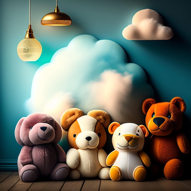 Free photo a group of stuffed bears are sitting in front of a blue wall