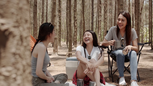 Group of young Asian friends camping or picnic together in forest