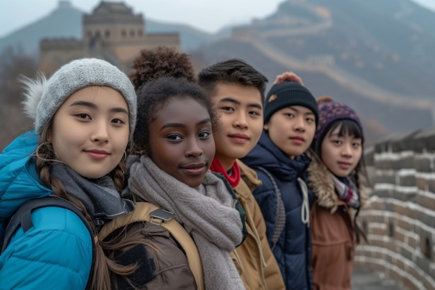 Free photo group of young friends visiting the great wall of china