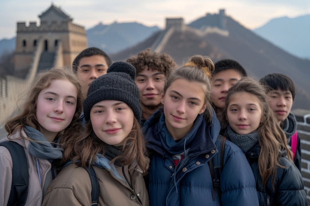 Free photo group of young friends visiting the great wall of china