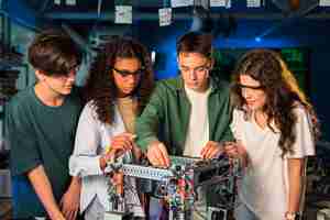 Free photo group of young people doing experiments in robotics in a laboratory girls in protective glasses