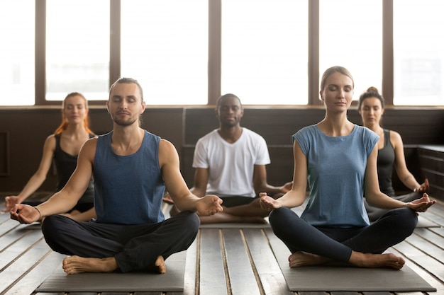 Free photo group of young sporty people sitting in sukhasana exercise