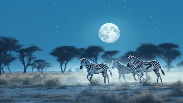 Group of Zebras running across the African savannah with full moon AI generated image