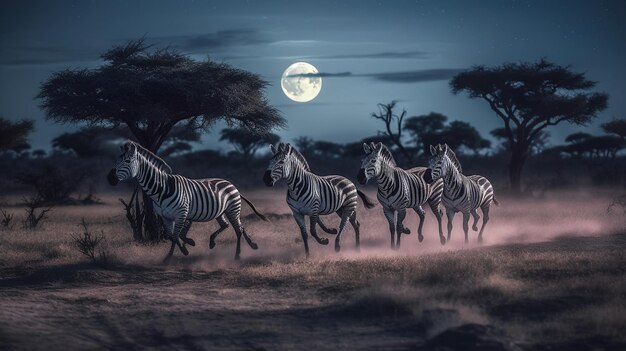 Group of Zebras running across the African savannah with full moon AI generated image