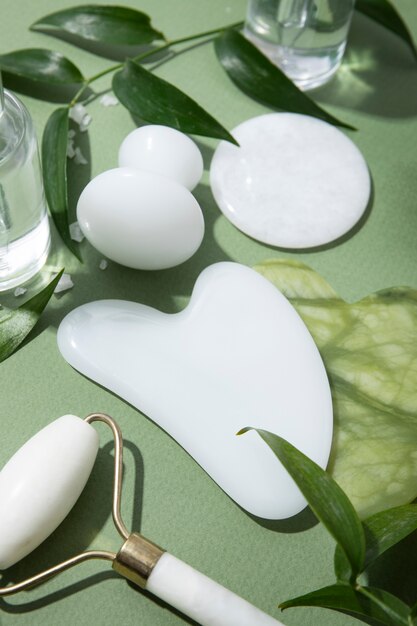 Gua sha and leaves arrangement high angle