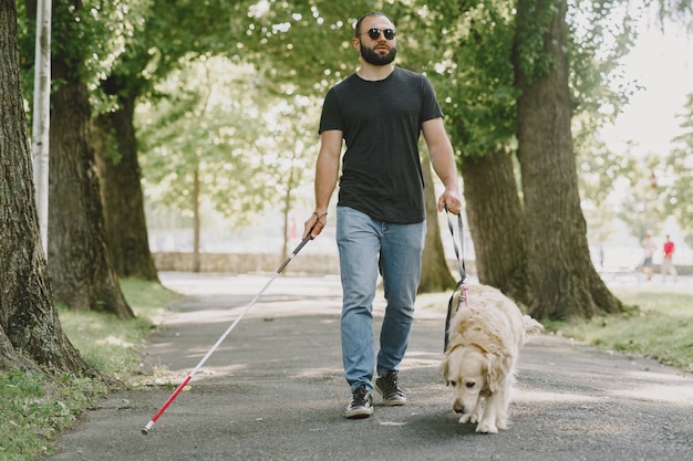 Guide dog helping blind man in the city. Handsome blind guy have rest with golden retriever in the city.