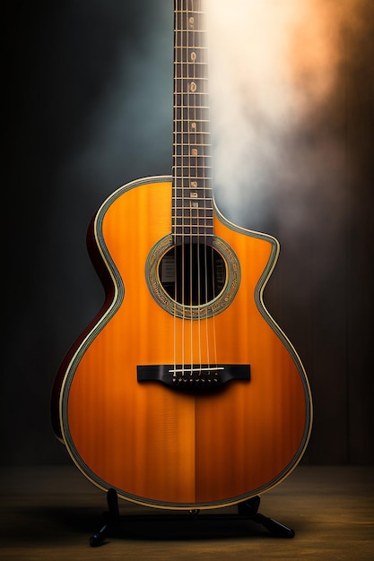 A guitar is shown against a dark background with smoke coming out of it.