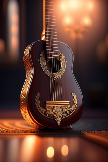 A guitar on a table with a dark background