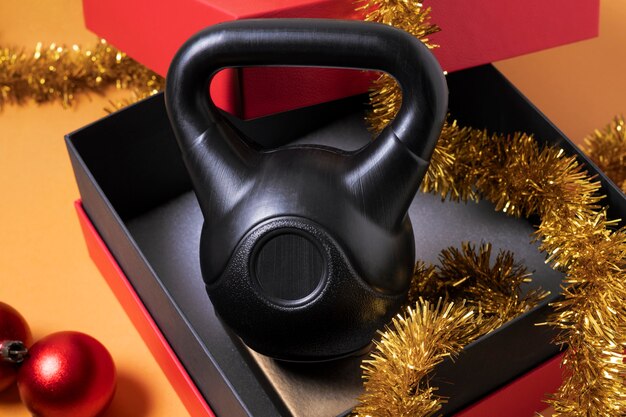 Gym equipment with christmas theme and decorations