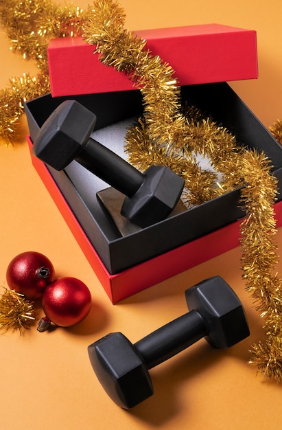 Gym equipment with christmas theme and decorations