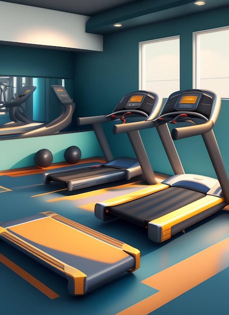 Free Photo a gym with yellow and black treadmills and a black sign that says fitness