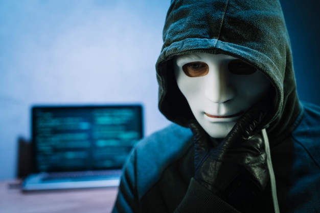 Free photo hacker with mask in front of laptop