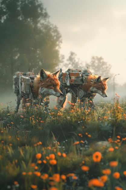 Free Photo half fox half-robot in fantasy style