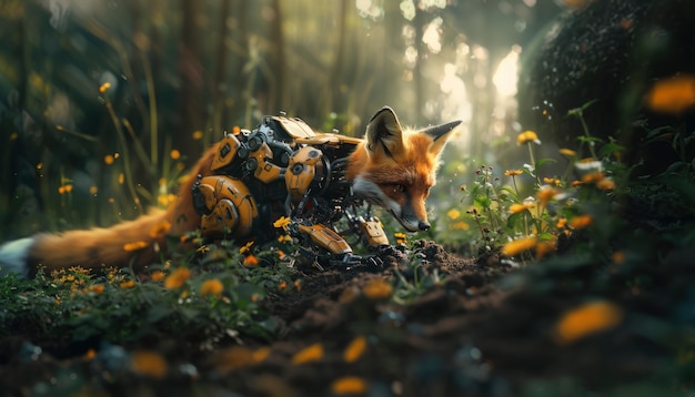 Free Photo half fox half-robot in fantasy style