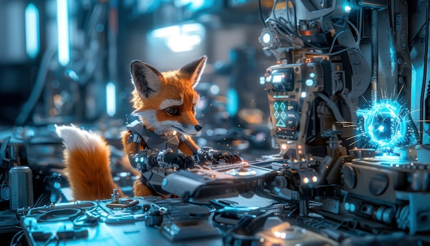 Free photo half fox half-robot in fantasy style