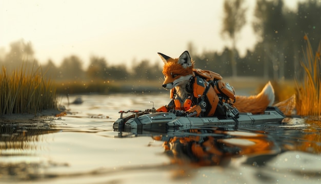 Free photo half fox half-robot in fantasy style