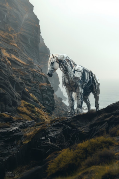 Free Photo half-horse and half-robot animal with futuristic tech parts