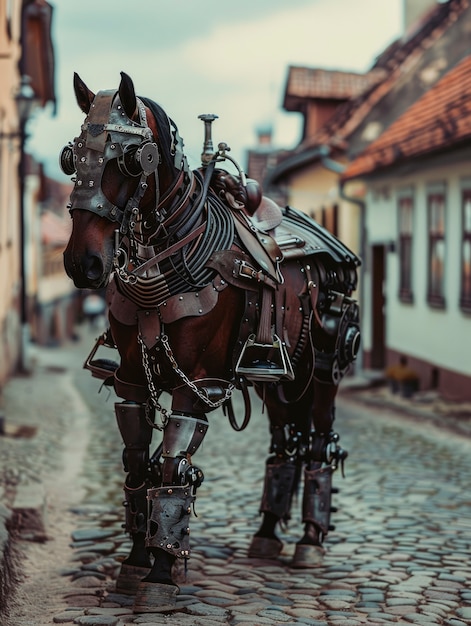 Half-horse and half-robot animal with futuristic tech parts