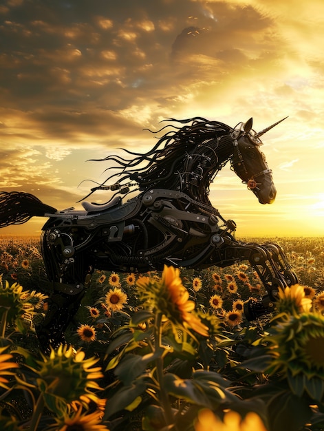 Free Photo half-horse and half-robot animal with futuristic tech parts