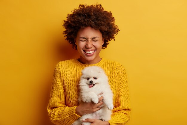 Half length shot of positive curly woman holds affectionate pet spitz puppy, wears knitted sweater, ready for vaccination, laughs positively, isolated over yellow background.