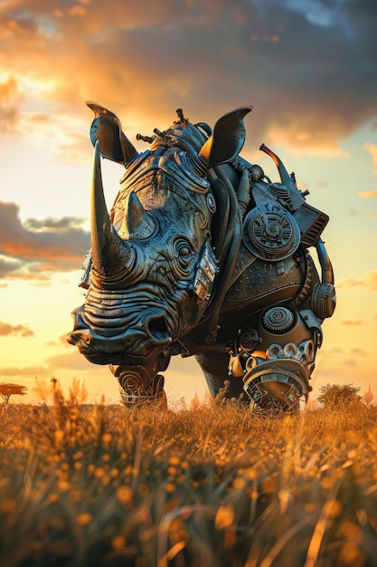 Free photo half rhino  half-robot creature