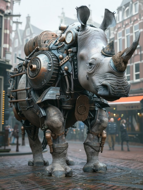 Free photo half rhino  half-robot creature