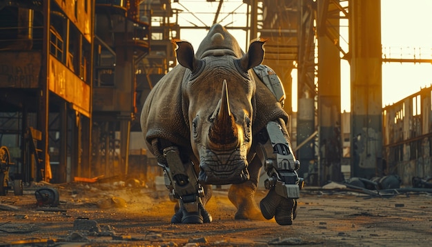 Free Photo half rhino  half-robot creature