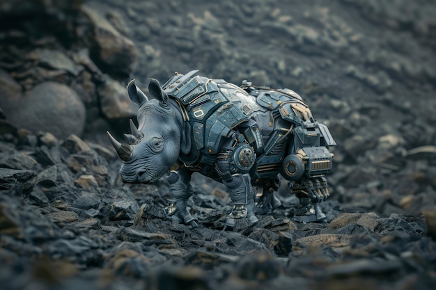 Free photo half rhino  half-robot creature