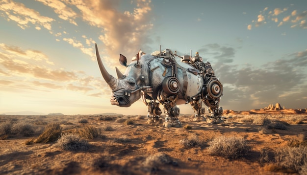 Free photo half rhino  half-robot creature