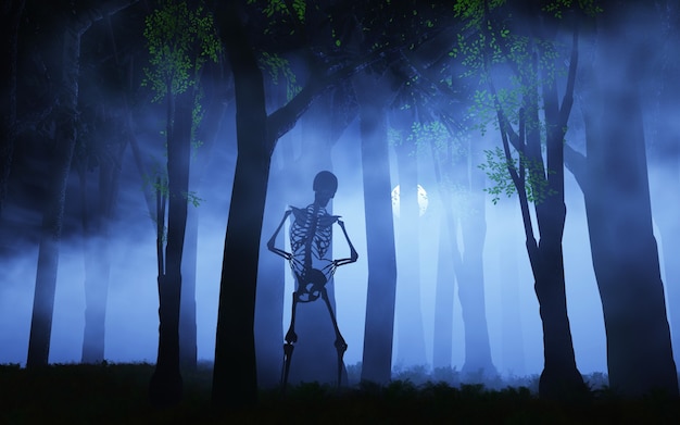 Free photo halloween background of a skeleton in a foggy forest