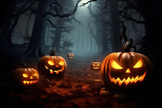 Halloween background with scary pumpkins candles and bats in a dark forest at night