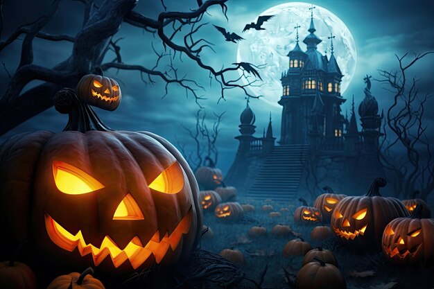 Halloween background with scary pumpkins candles in the graveyard at night with a castle background