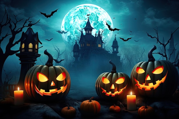 Halloween background with scary pumpkins candles in the graveyard at night with a castle background