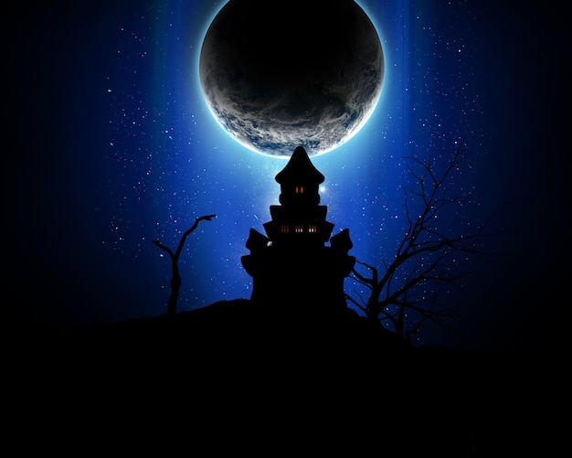 Free Photo halloween background with silhouette of a spooky castle against a fictional planet 