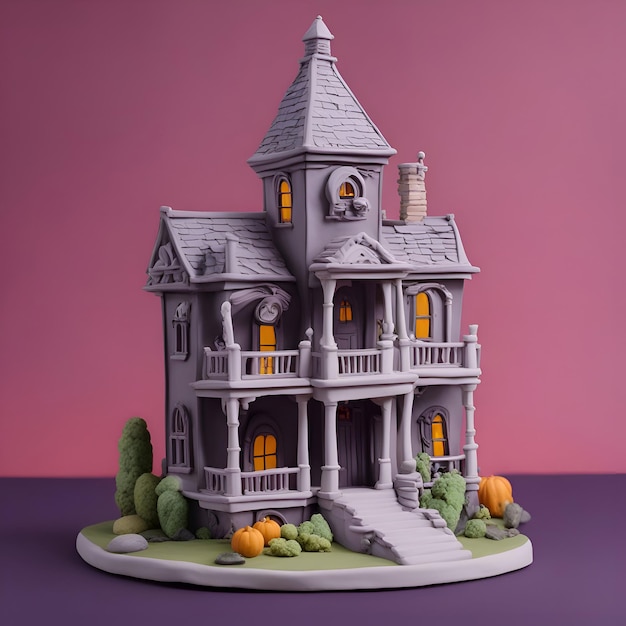 Free photo halloween castle with pumpkins on purple background 3d render