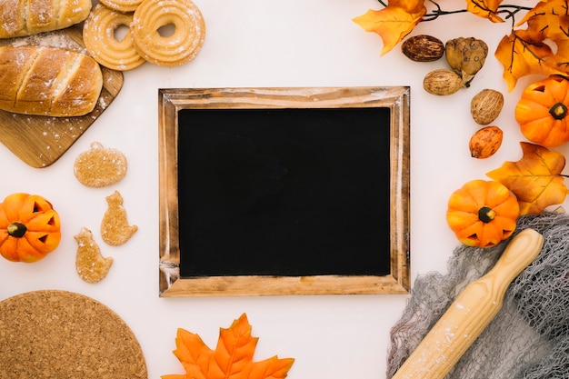 Halloween concept with slate and bread