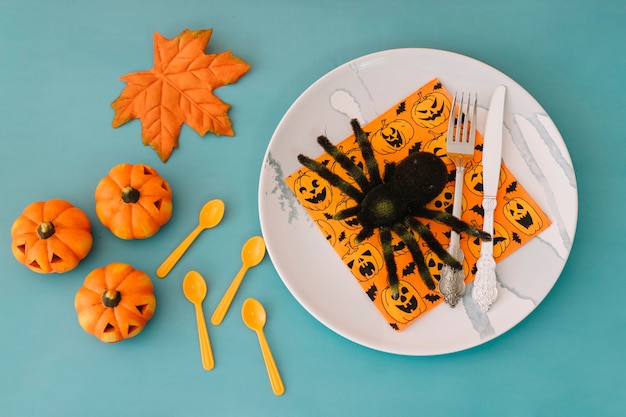 Free photo halloween concept with spider and plate