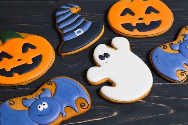 Halloween cookies on wooden table