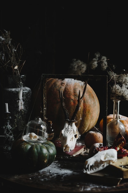 Free Photo halloween decor. old pumpkins, pomegranates, apples