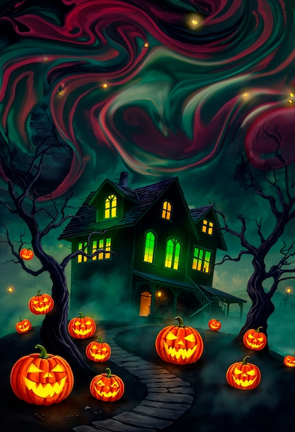 Free photo halloween haunted house illustration