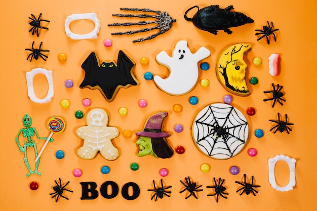 Free photo halloween symbols on wooden table