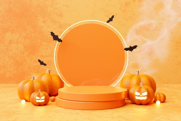 Free photo halloween with cloud smoke and pumpkin podium pedestal product display background 3d illustration