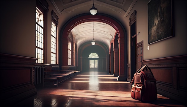 A hallway with a bag on the floor