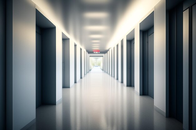 A hallway with a red exit sign on the top left.