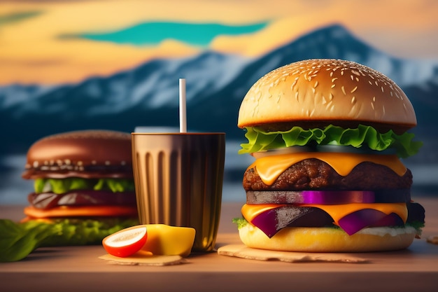 Free Photo a hamburger and a cup of juice are on a table.